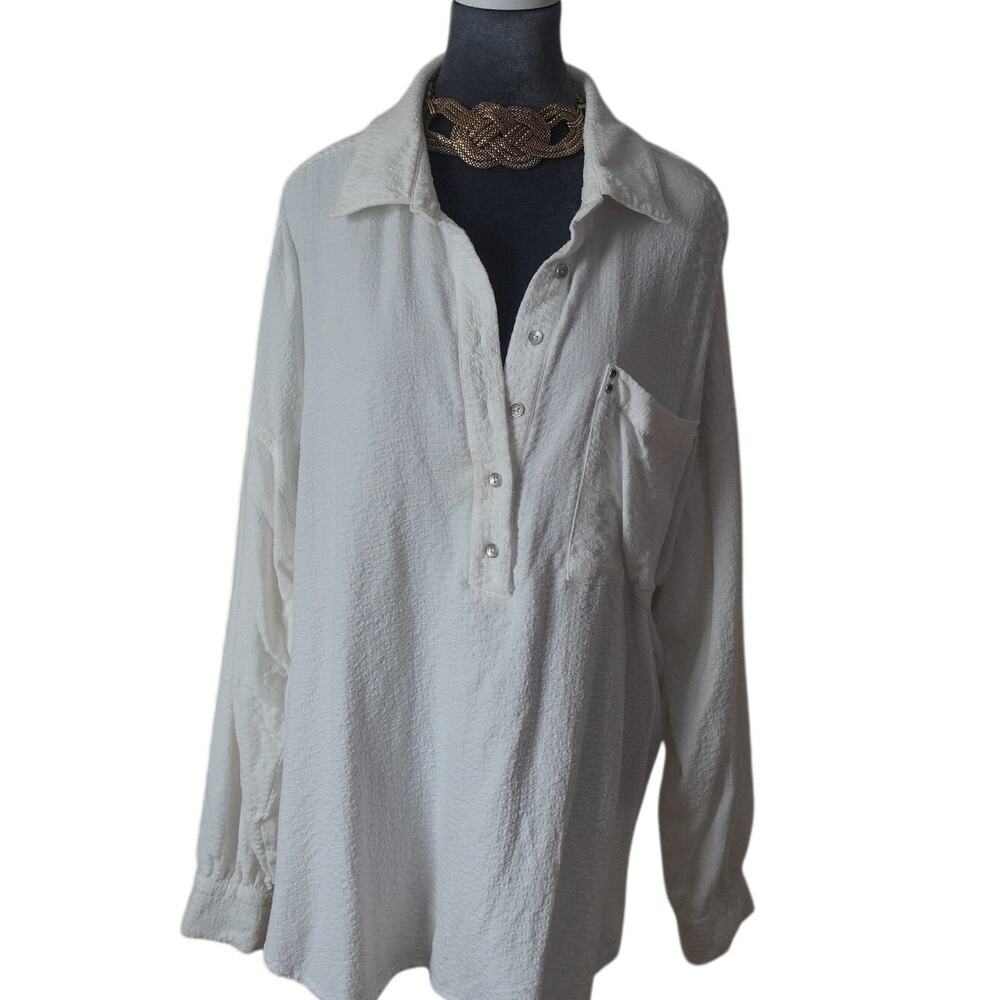 BKE White Textured Long Sleeve Blouse Size XL Lagenlook Nautical Boho